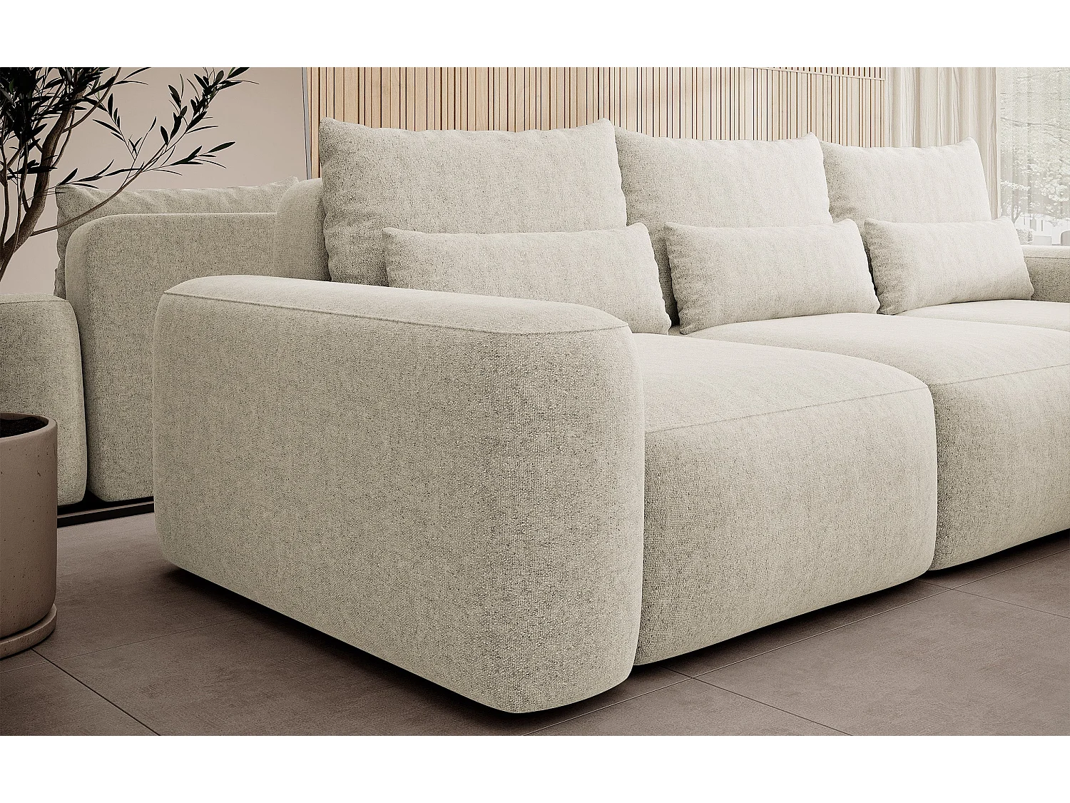 Hoekbedbank met chenillebekleding – slaapfunctie en opbergruimte – crème – rechts – CARNOS