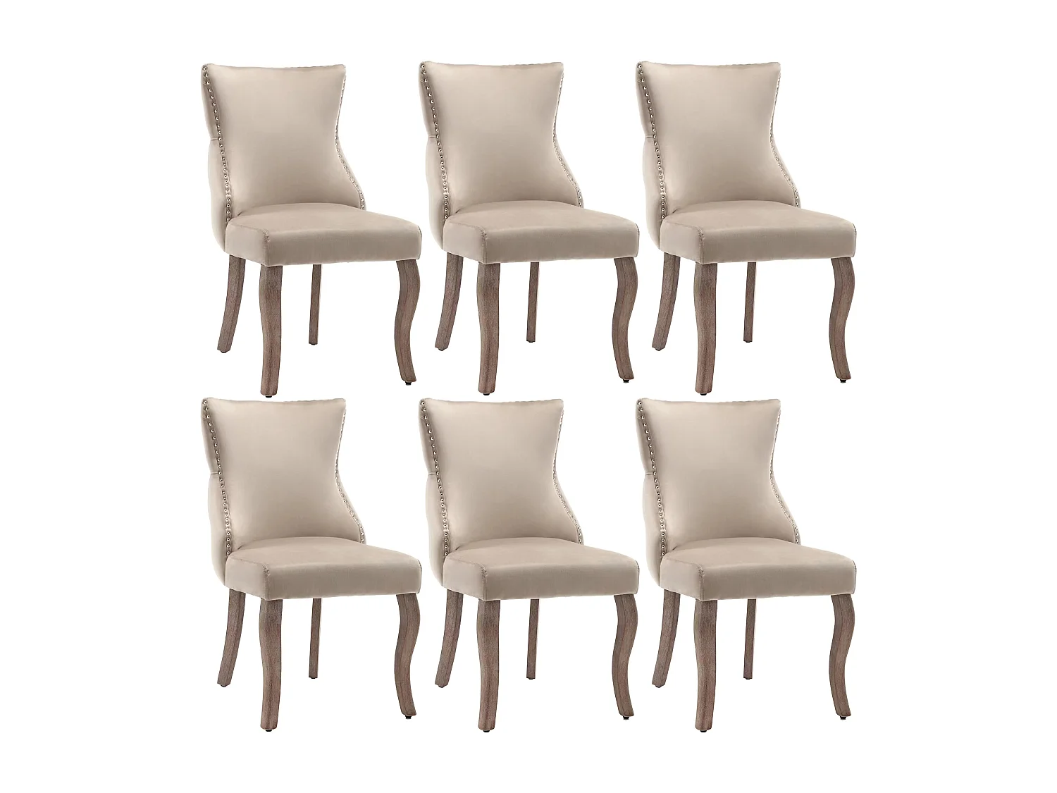 Lot de 6 chaises 50x45x91 cm avec Rembourrée Fermeture à boutons et ornée de rivets Matière velours en beige pour Salon et salle à manger