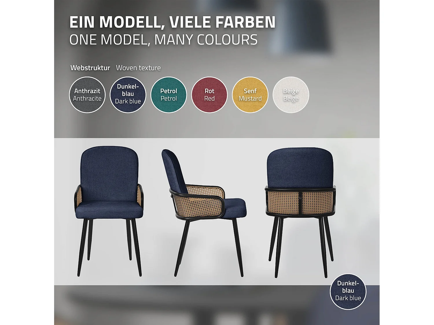 ML-Design 4x Sillas de comedor con funda de tela azul oscuro, asiento con respaldo, reposabrazos con aspecto de ratán sillón ergonómico de cocina