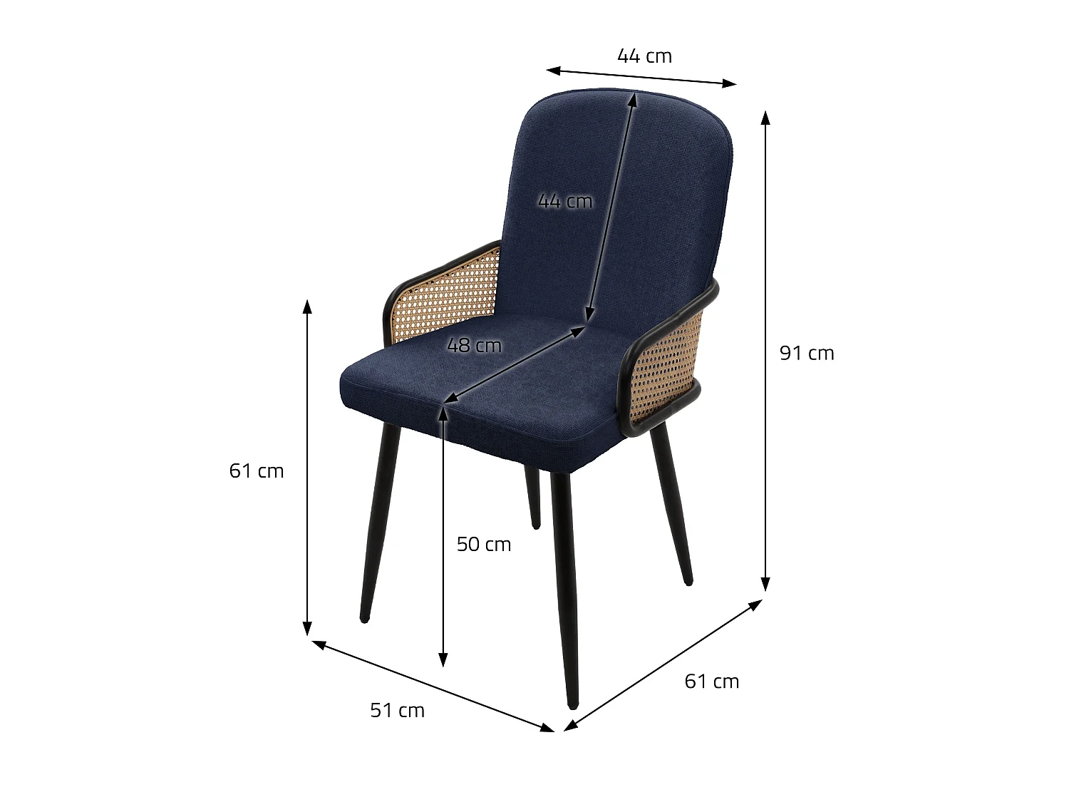 ML-Design 4x Sillas de comedor con funda de tela azul oscuro, asiento con respaldo, reposabrazos con aspecto de ratán sillón ergonómico de cocina