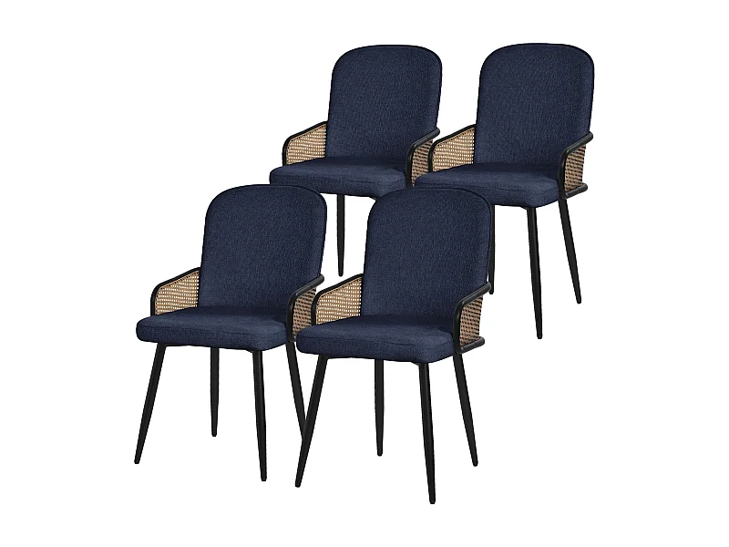 Lot de 4 chaises de salle à manger en tissu bleu foncé accoudoirs en rotin pieds en métal noir assise rembourrée confortable fauteuils ergonomiques
