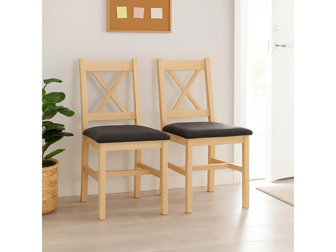 Eetkamerstoel MCW-F77 (set van 2),  naturel, bekleding zwart