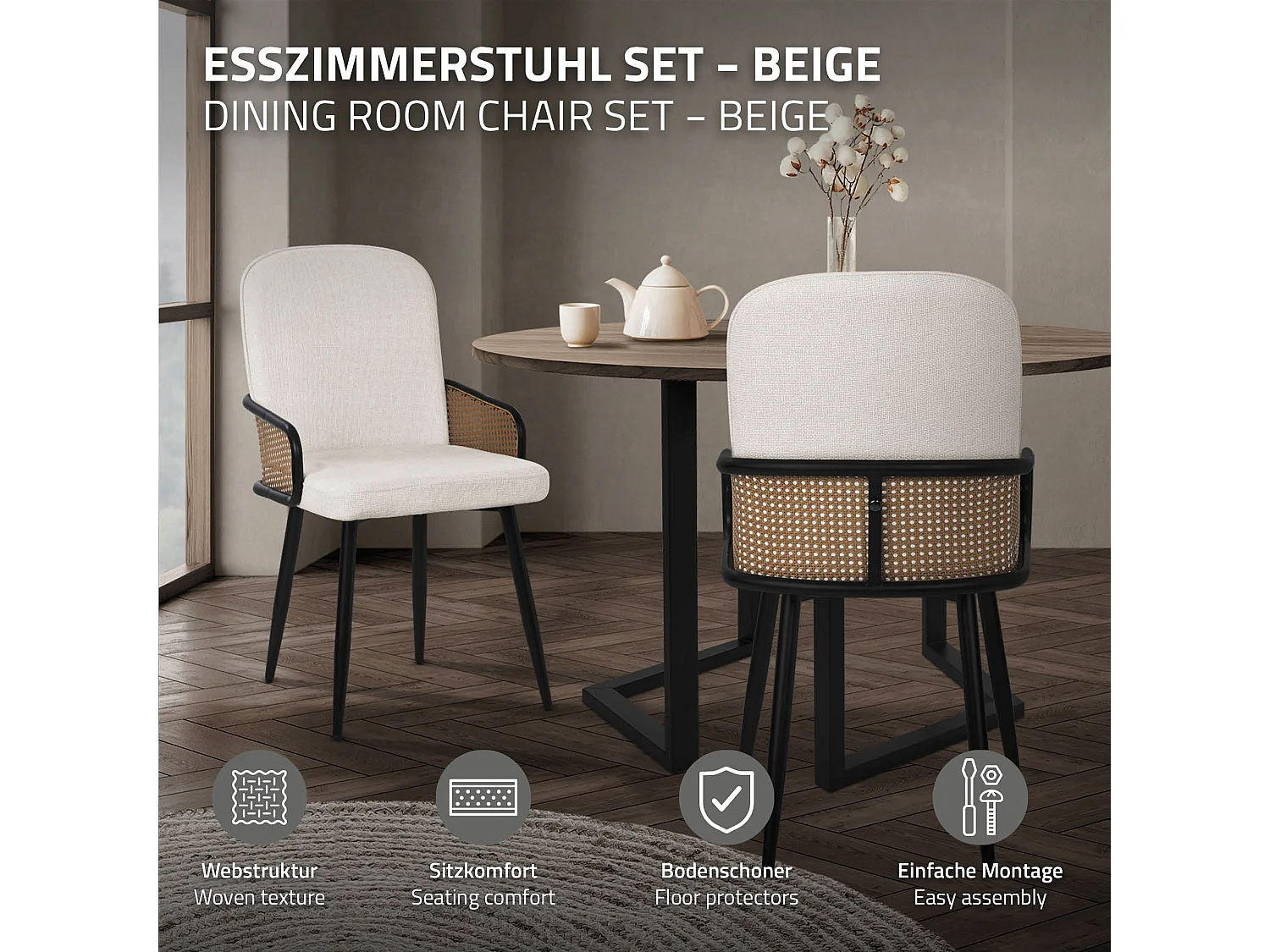 Lot de 4 chaises de salle à manger en tissu beige avec accoudoirs en rotin pieds en métal noir assise rembourrée confortable fauteuils ergonomiques