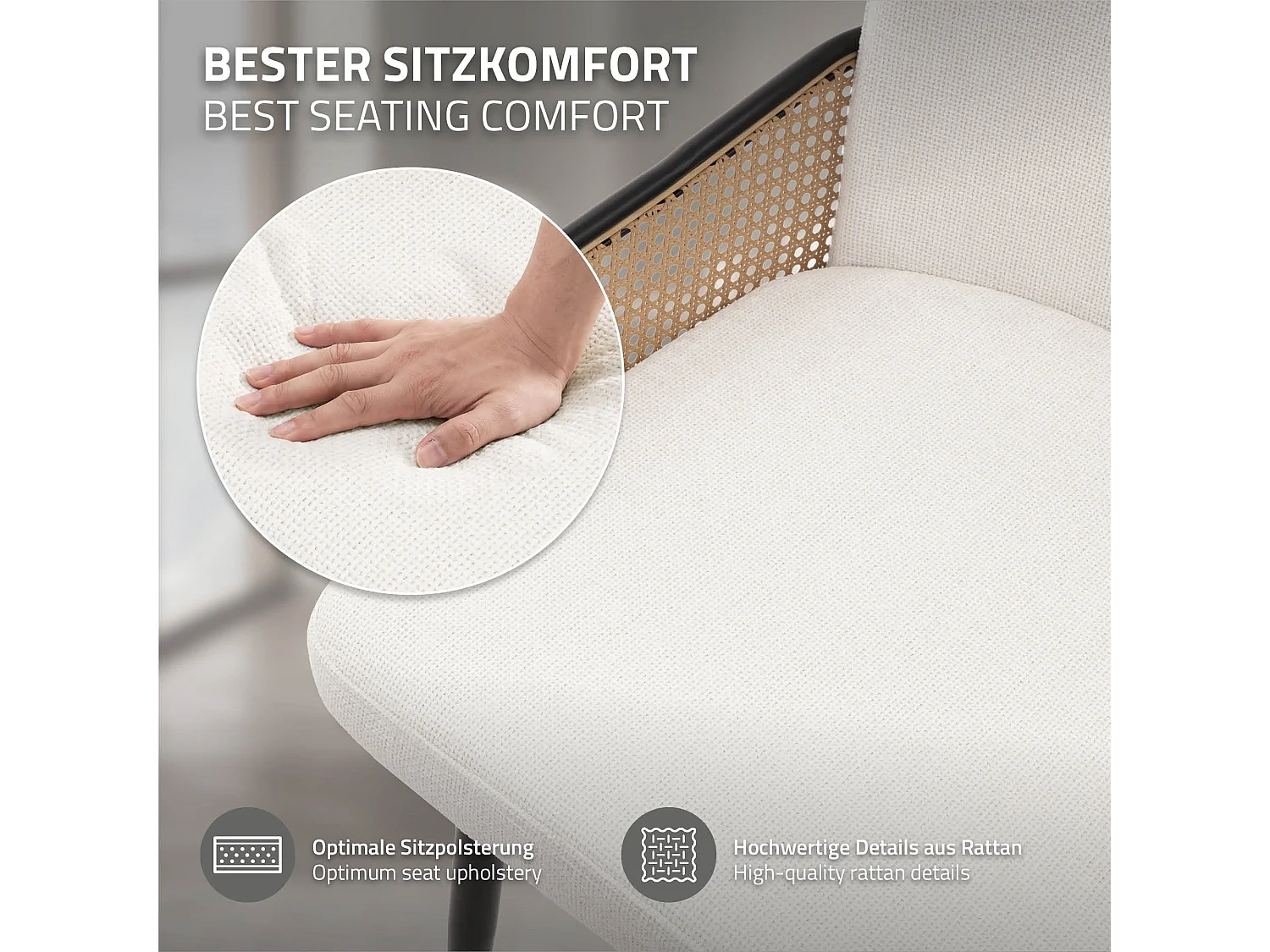 Lot de 4 chaises de salle à manger en tissu beige avec accoudoirs en rotin pieds en métal noir assise rembourrée confortable fauteuils ergonomiques
