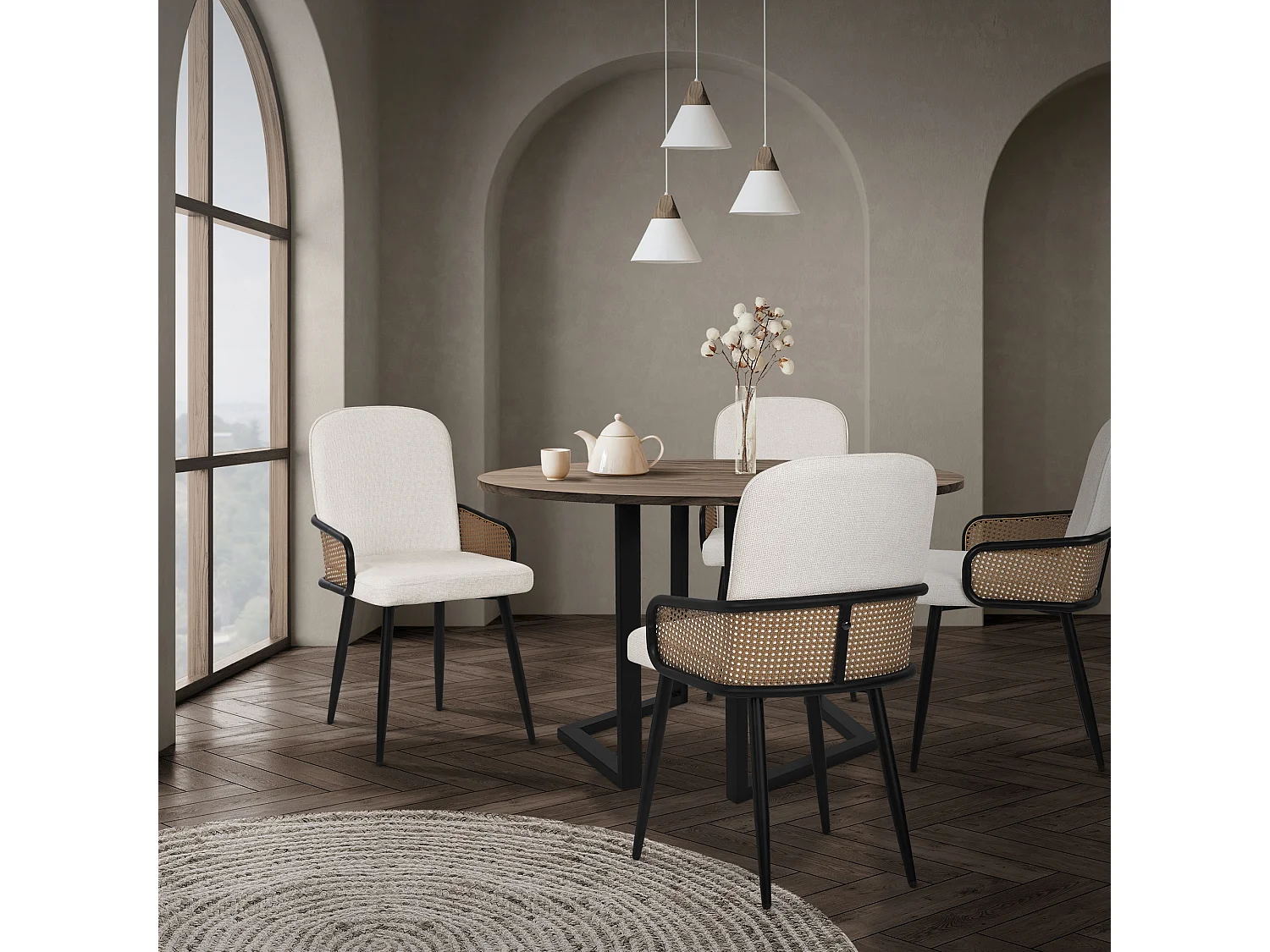 Lot de 4 chaises de salle à manger en tissu beige avec accoudoirs en rotin pieds en métal noir assise rembourrée confortable fauteuils ergonomiques