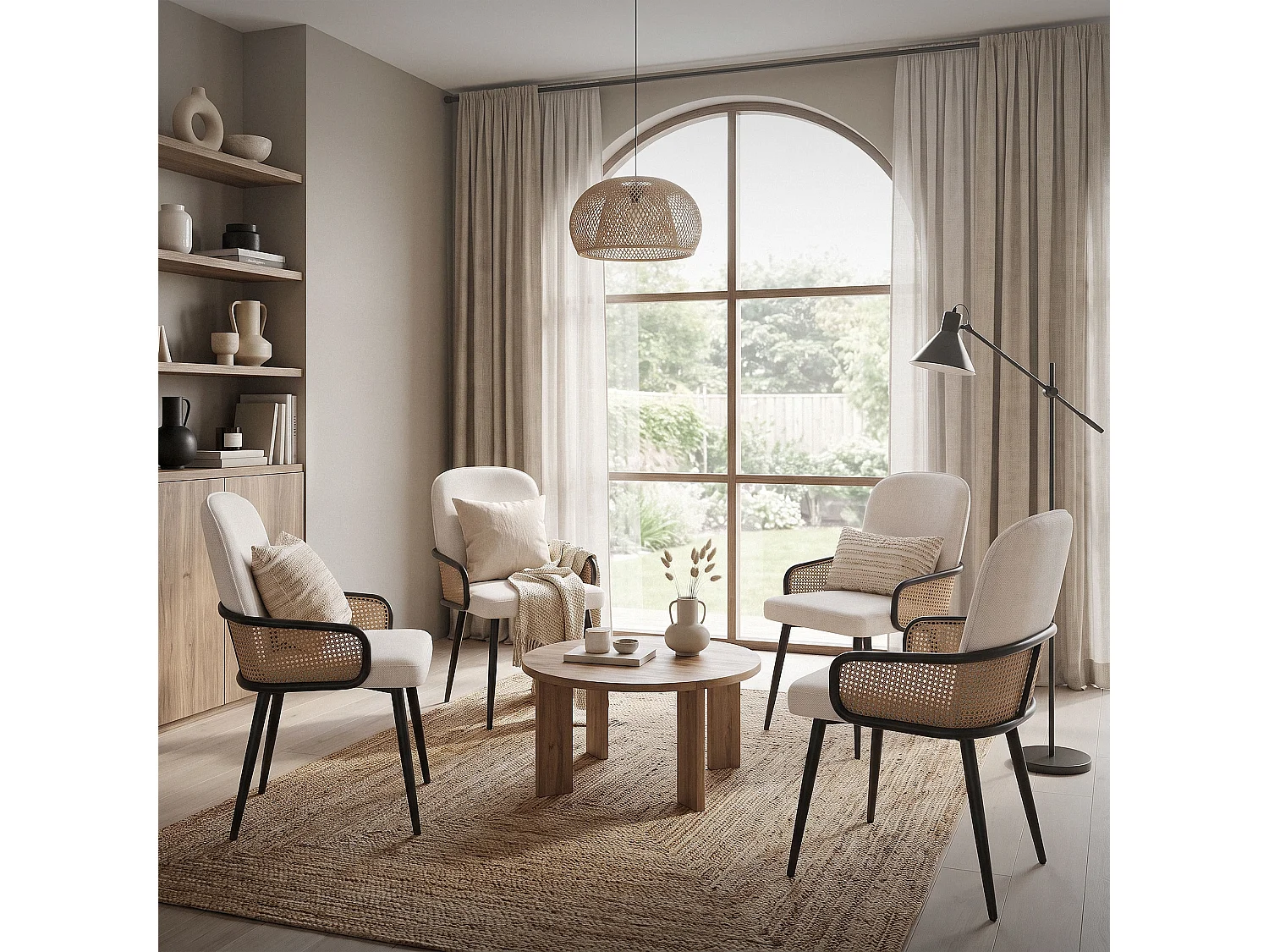 Lot de 4 chaises de salle à manger en tissu beige avec accoudoirs en rotin pieds en métal noir assise rembourrée confortable fauteuils ergonomiques