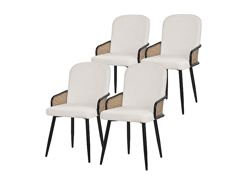 Lot de 4 chaises de salle à manger en tissu beige avec accoudoirs en rotin pieds en métal noir assise rembourrée confortable fauteuils ergonomiques