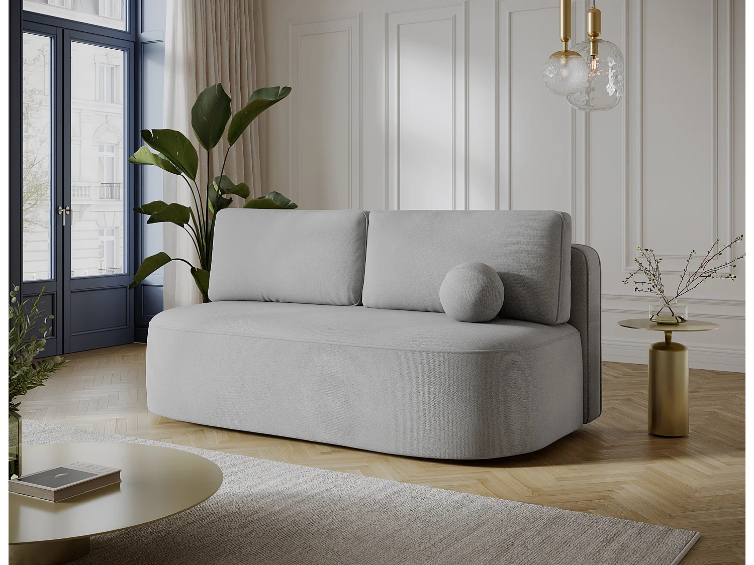 Canapé convertible 2 places KOURA tissu doux avec coffre – 193cm-Gris clair