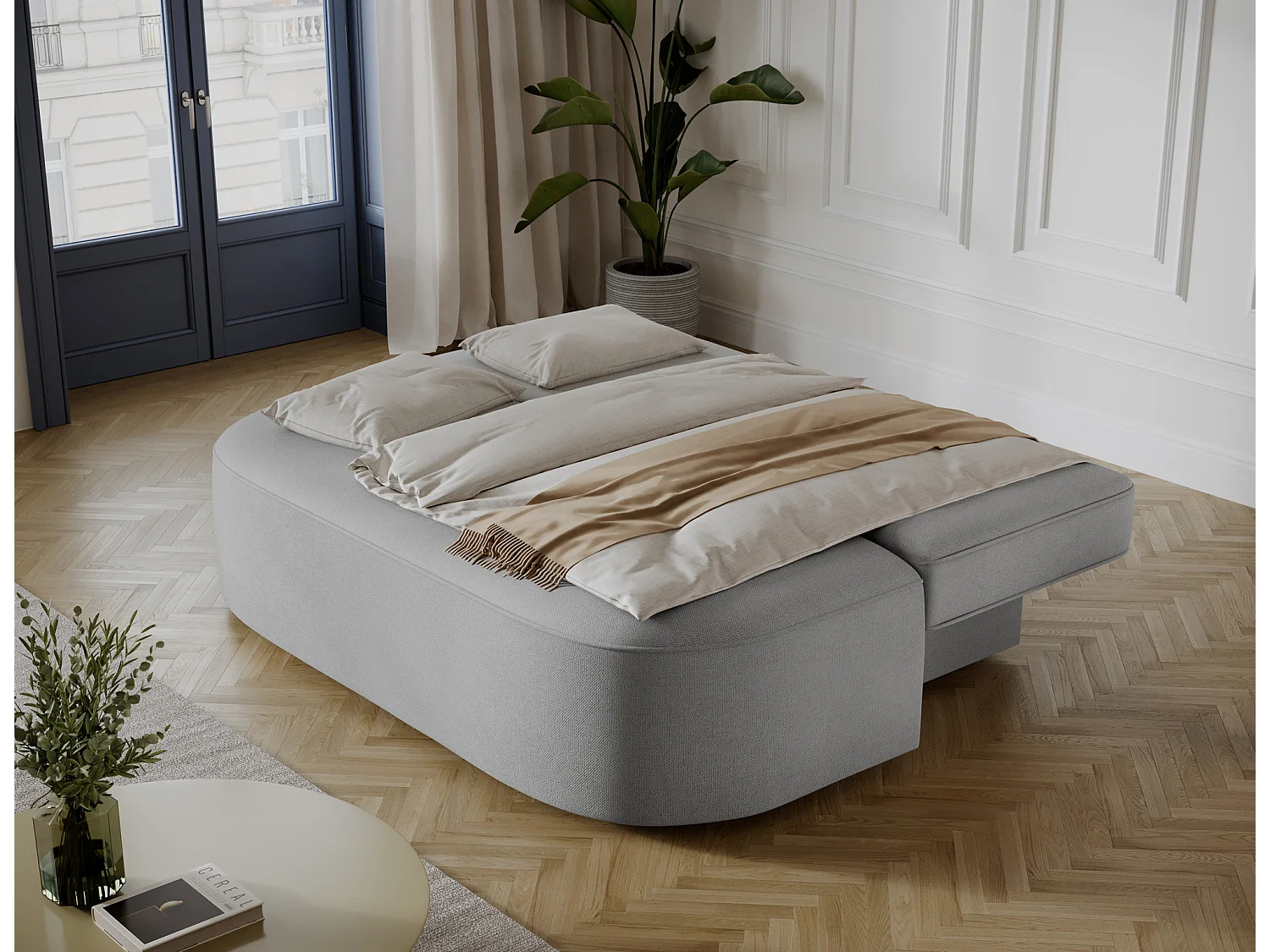 Canapé convertible 2 places KOURA tissu doux avec coffre – 193cm-Gris clair