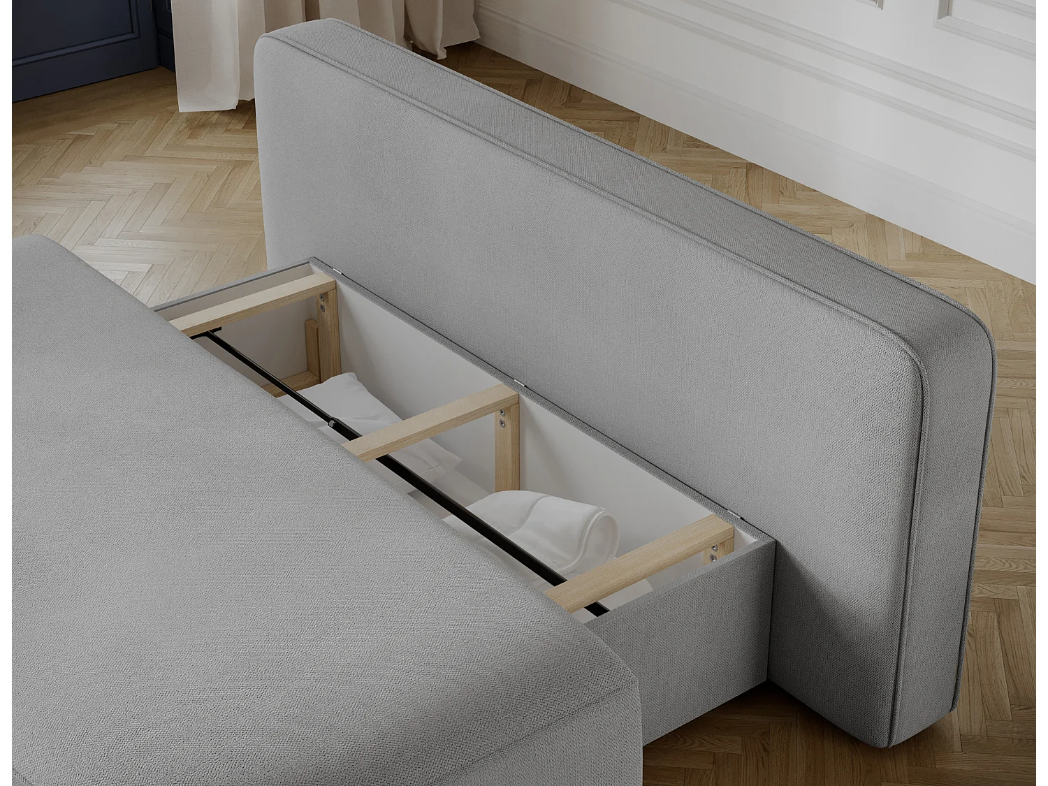 Canapé convertible 2 places KOURA tissu doux avec coffre – 193cm-Gris clair
