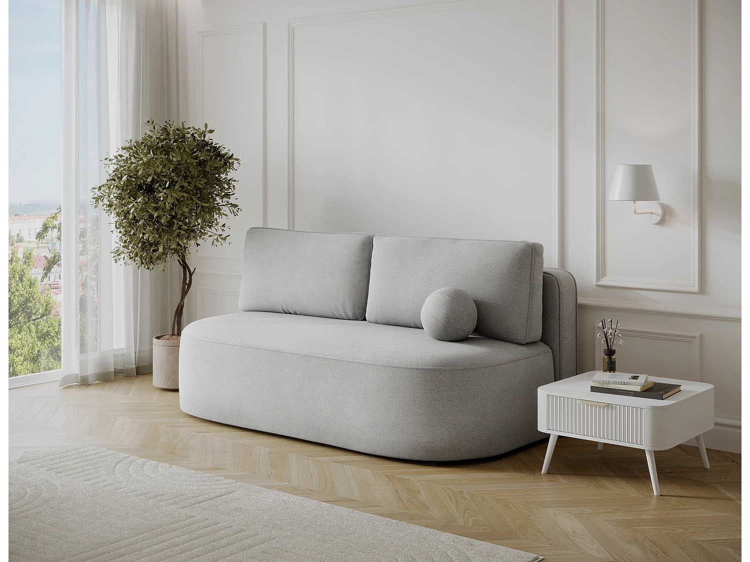 Canapé convertible 2 places KOURA tissu doux avec coffre – 193cm-Gris clair