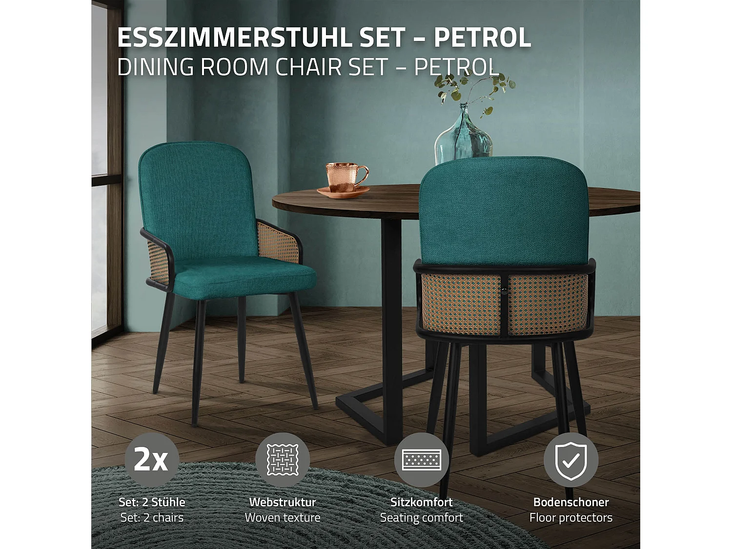 ML-Design 2x Sillas de comedor con funda de tela turquesa oscuro, asiento con respaldo, reposabrazos con aspecto de ratán sillón ergonómico de cocina