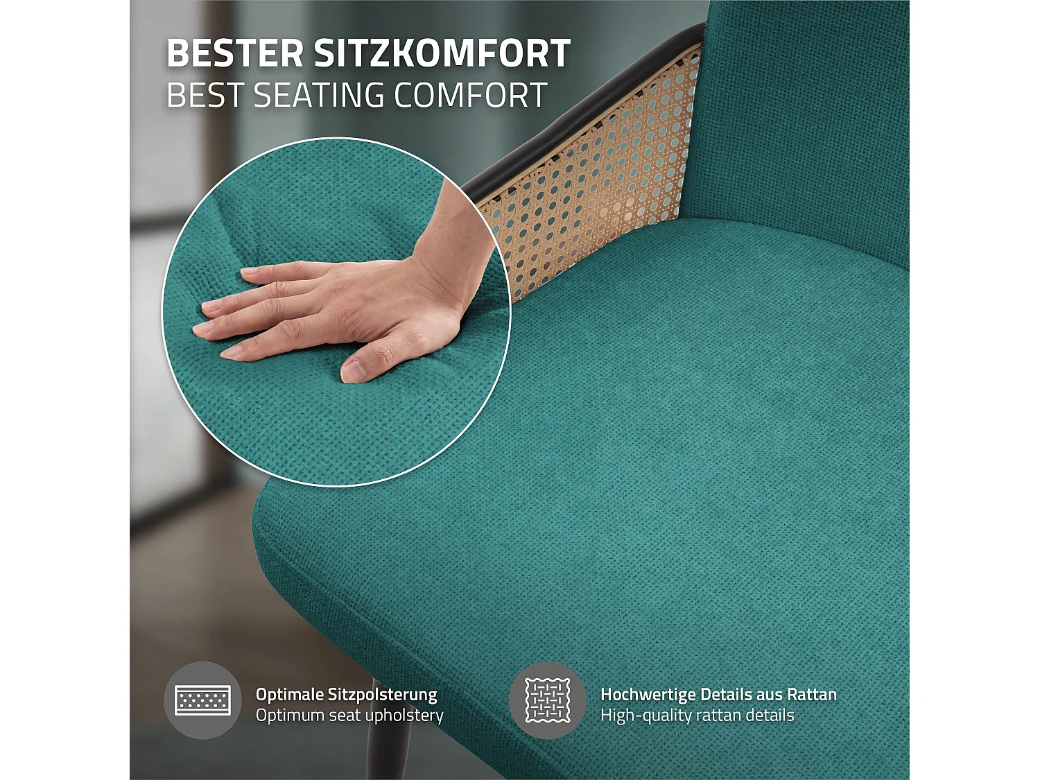 ML-Design 2x Sillas de comedor con funda de tela turquesa oscuro, asiento con respaldo, reposabrazos con aspecto de ratán sillón ergonómico de cocina
