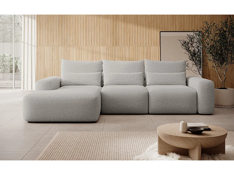 Canapé d’angle en chenille hydrofuge – convertible avec coffre de rangement – gris – angle gauche – CARNOS