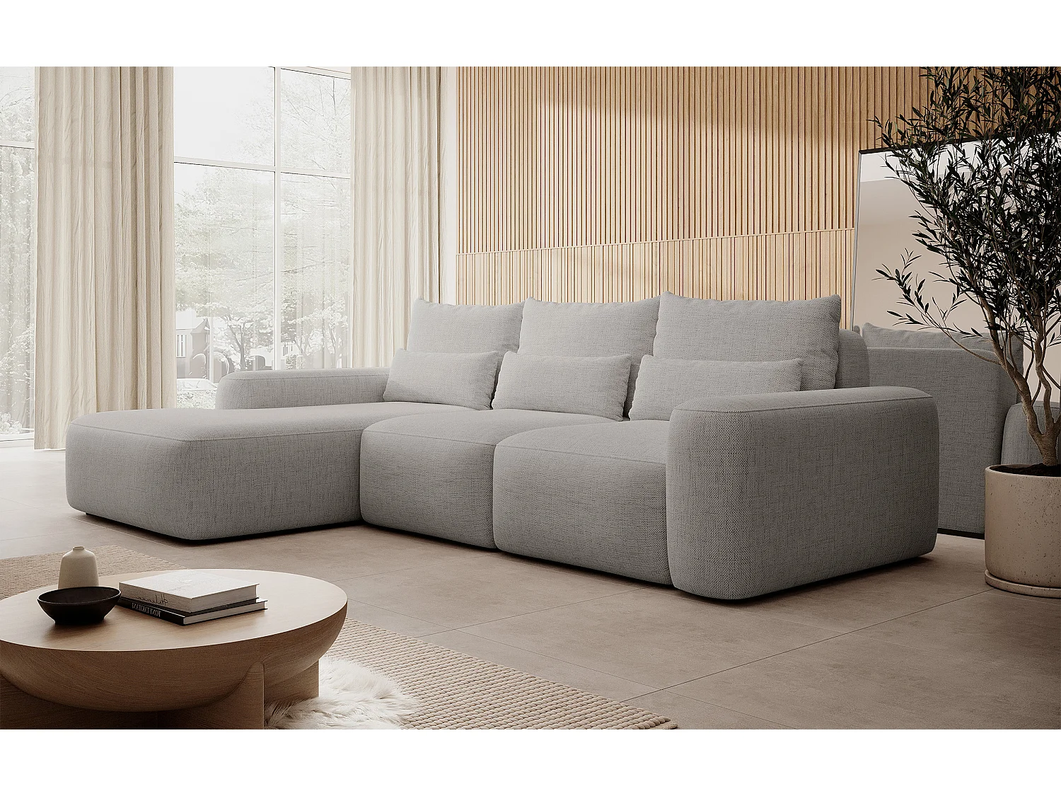 Canapé d’angle en chenille hydrofuge – convertible avec coffre de rangement – gris – angle gauche – CARNOS