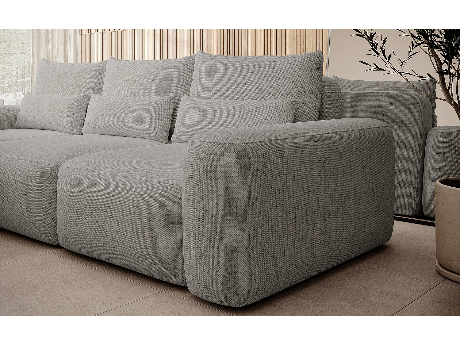 Canapé d’angle en chenille hydrofuge – convertible avec coffre de rangement – gris – angle gauche – CARNOS