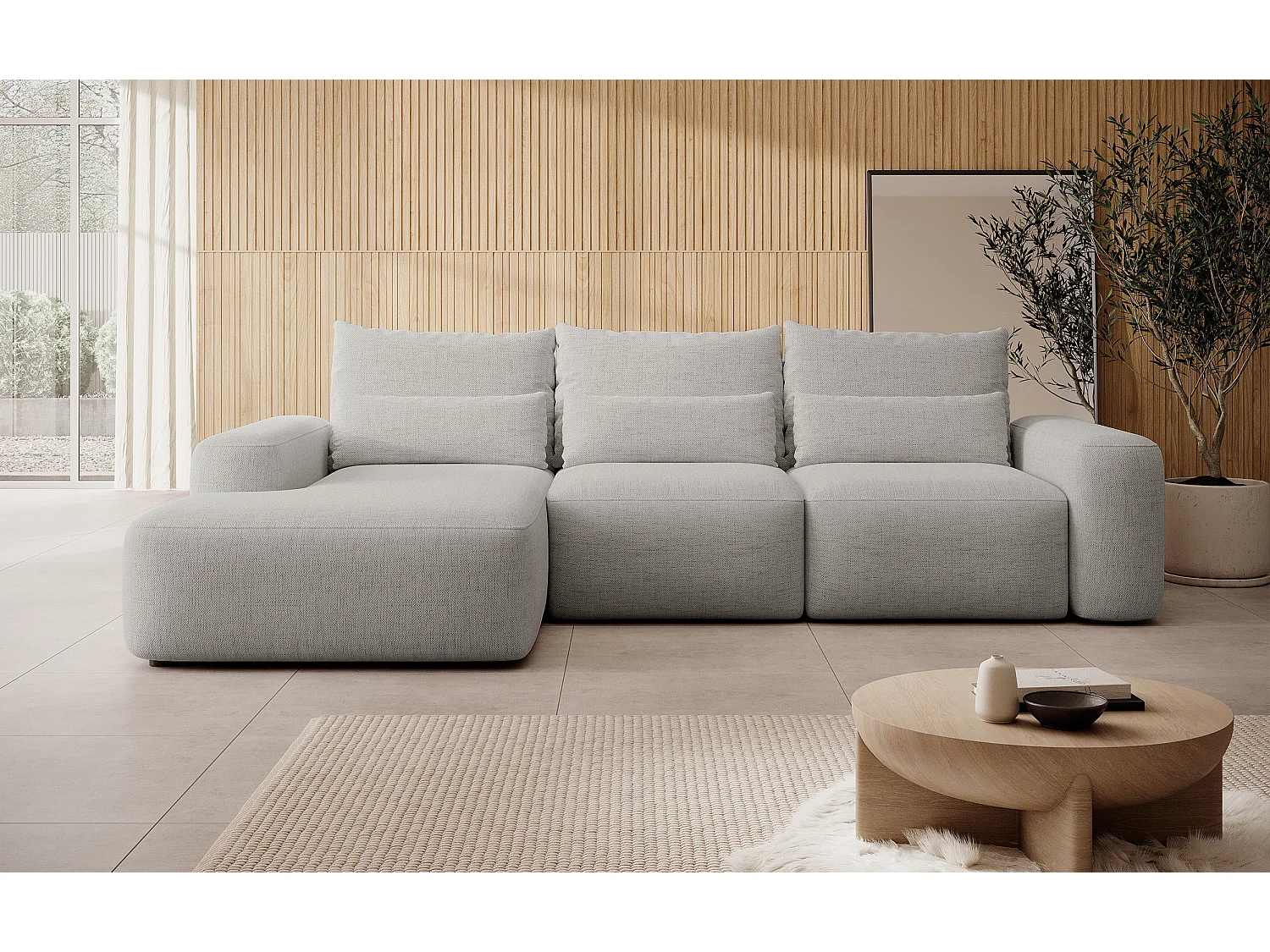 Canapé d’angle en chenille hydrofuge – convertible avec coffre de rangement – gris – angle gauche – CARNOS