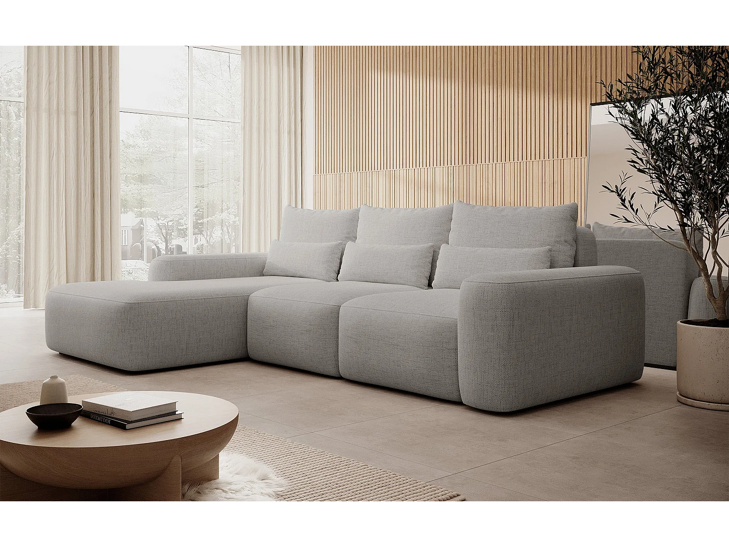 Canapé d’angle en chenille hydrofuge – convertible avec coffre de rangement – gris – angle gauche – CARNOS