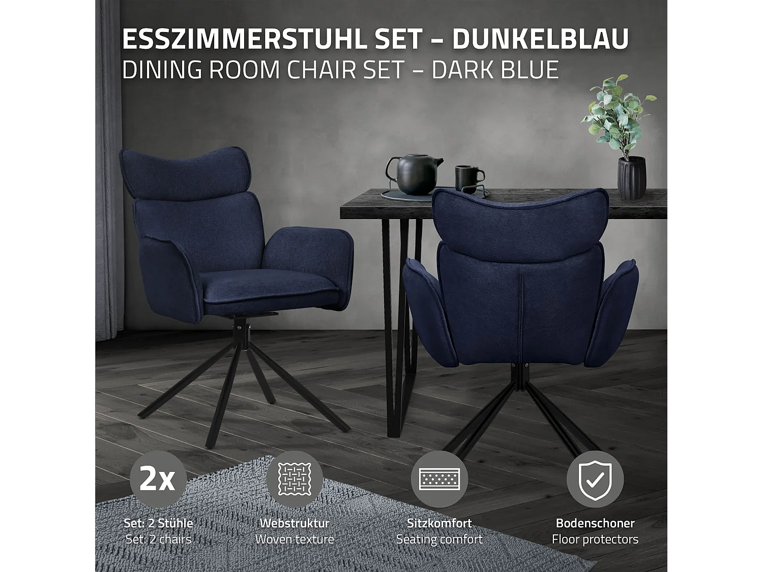 ML-Design Set 2 sedie da scrivania blu scuro, rivestimento in tessuto, girevoli a 360°, poltrona da ufficio con braccioli e schienale, sedia da pranzo