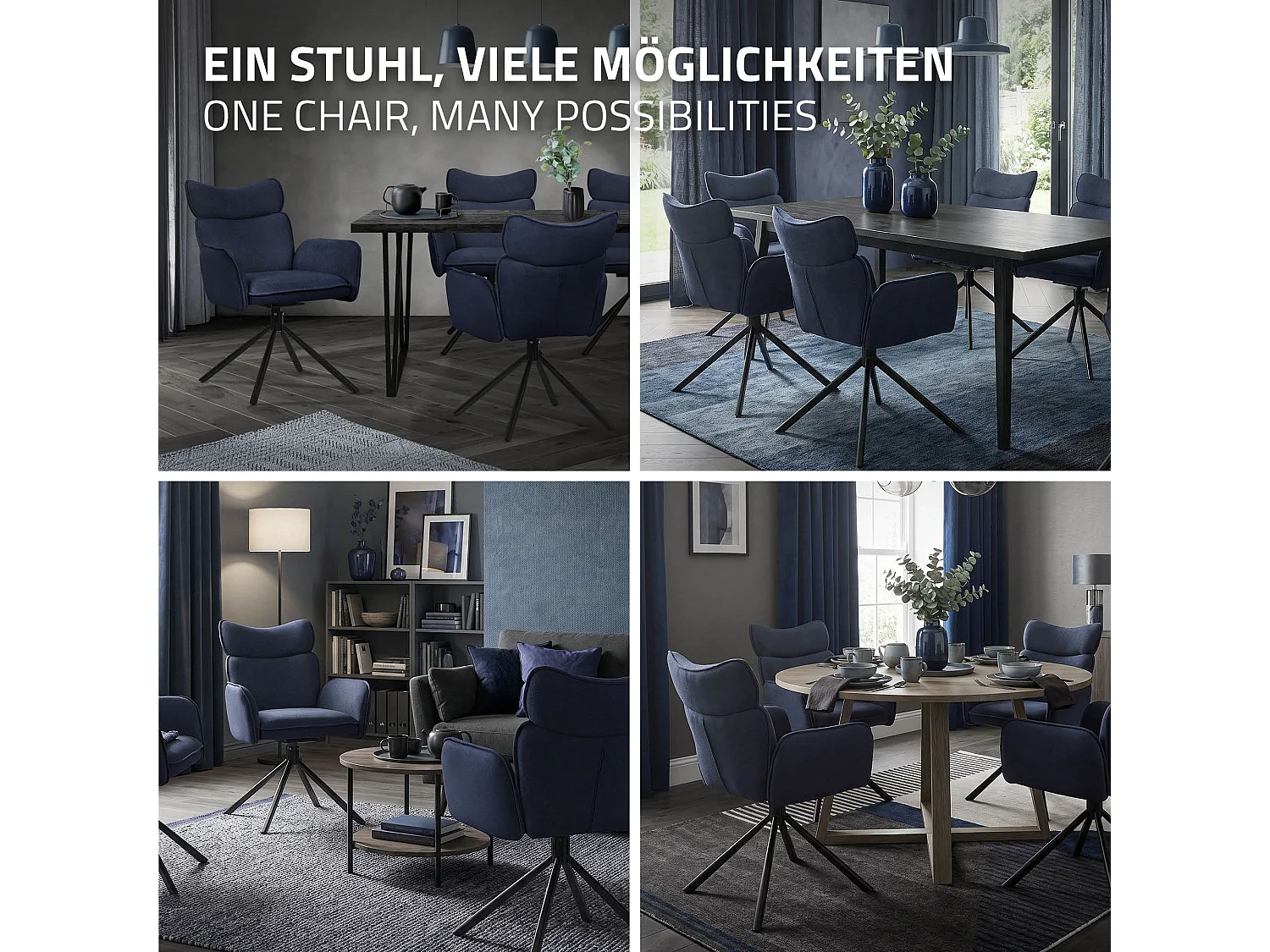 ML-Design Set 2 sedie da scrivania blu scuro, rivestimento in tessuto, girevoli a 360°, poltrona da ufficio con braccioli e schienale, sedia da pranzo