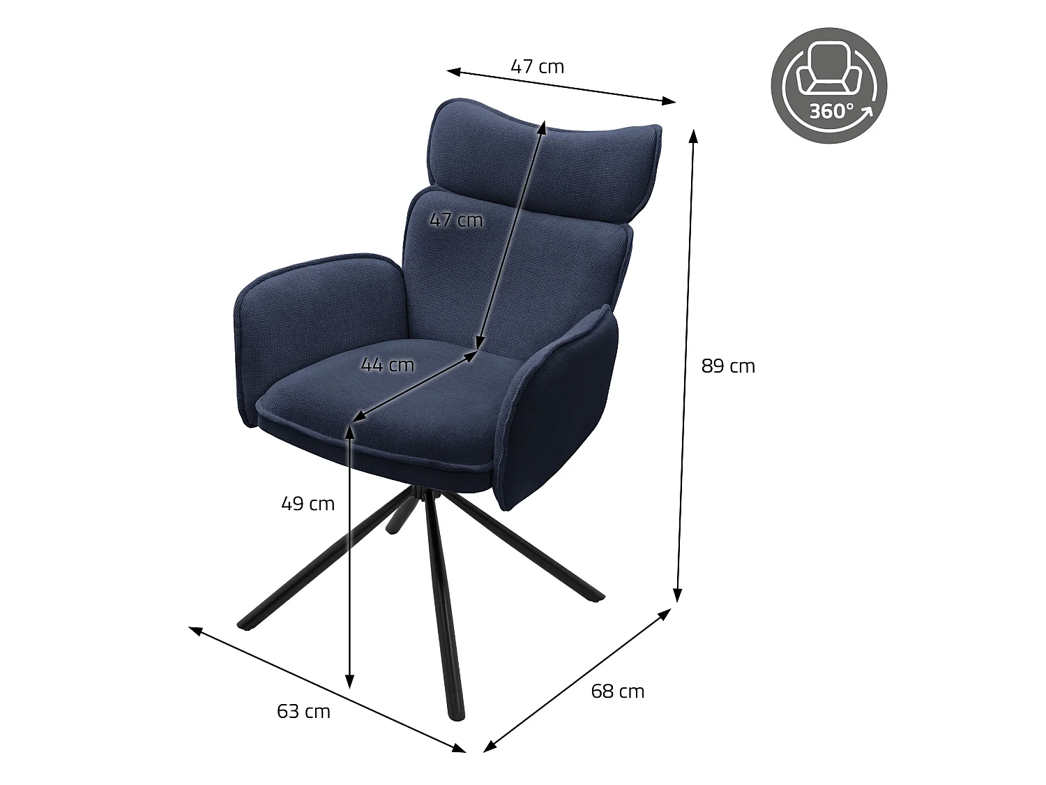 ML-Design Set 2 sedie da scrivania blu scuro, rivestimento in tessuto, girevoli a 360°, poltrona da ufficio con braccioli e schienale, sedia da pranzo