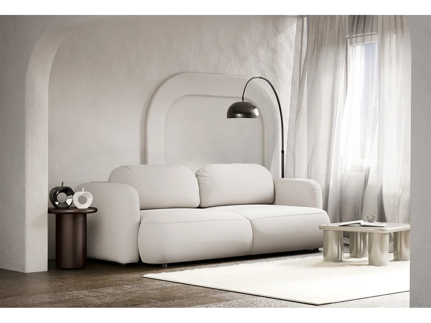 Canapé convertible 3 places – tissu chenille – crème – TVOYA