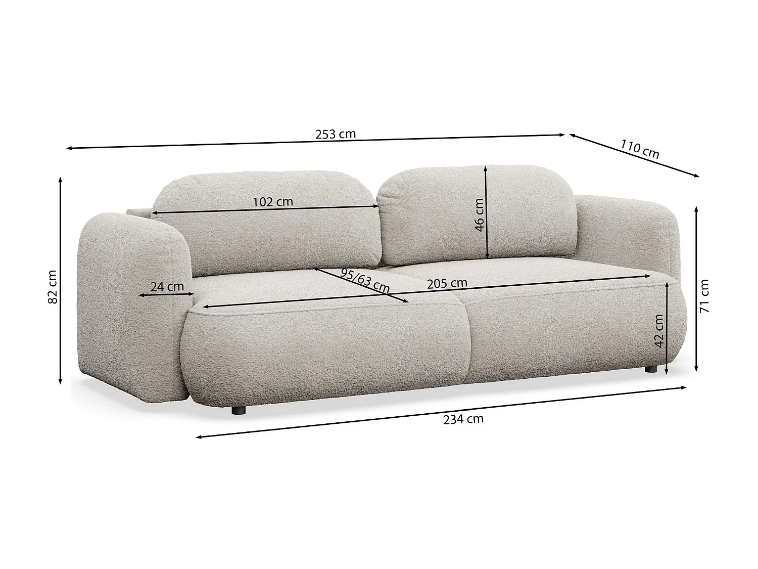 Canapé convertible 3 places – tissu chenille – crème – TVOYA