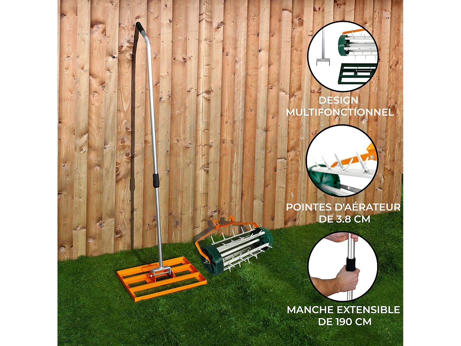 Ensemble 2-en-1 Scarificateur et Niveleur de Pelouse de 50 cm - Orange