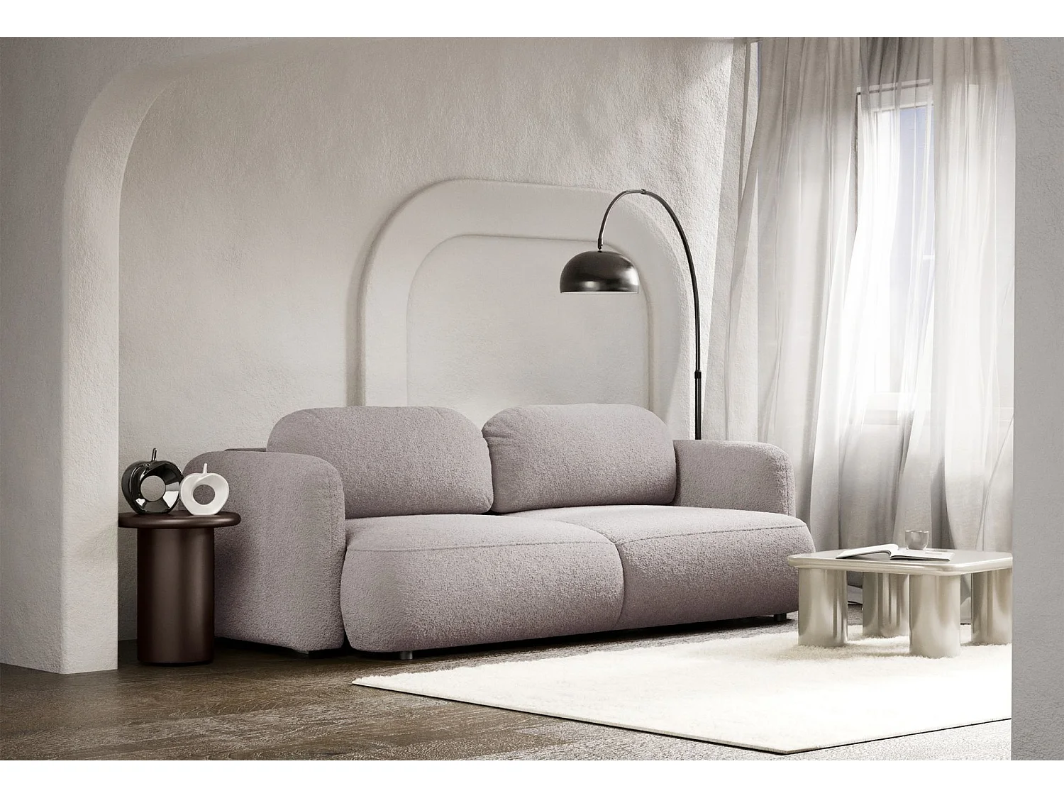 3-Sitzer Schlafsofa – Bouclé-Bezug – Graubeige – TVOYA