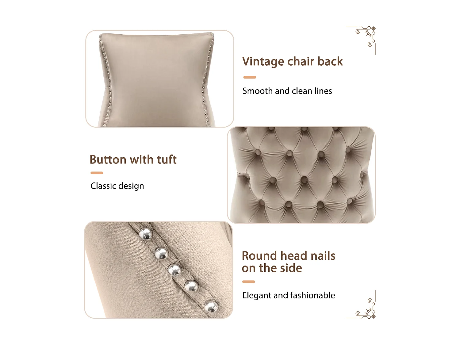 Lot de 2 chaises 50x45x91 cm avec Rembourrée Fermeture à boutons et ornée de rivets Matière velours en beige pour Salon et salle à manger