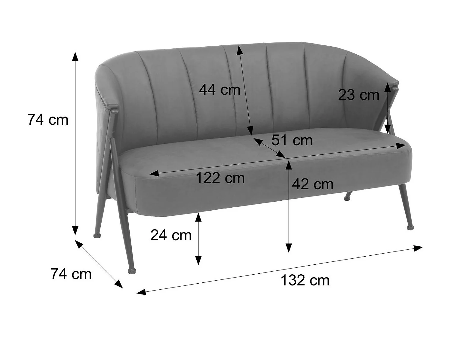 Divano a 2 posti MCW-P30, sofà elegante imbottito/lounge Couch Vintage Retro Industrial Metallo ecopelle ~ nero