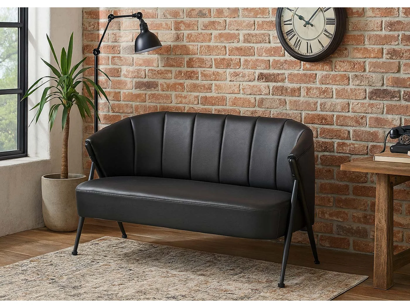 Divano a 2 posti MCW-P30, sofà elegante imbottito/lounge Couch Vintage Retro Industrial Metallo ecopelle ~ nero