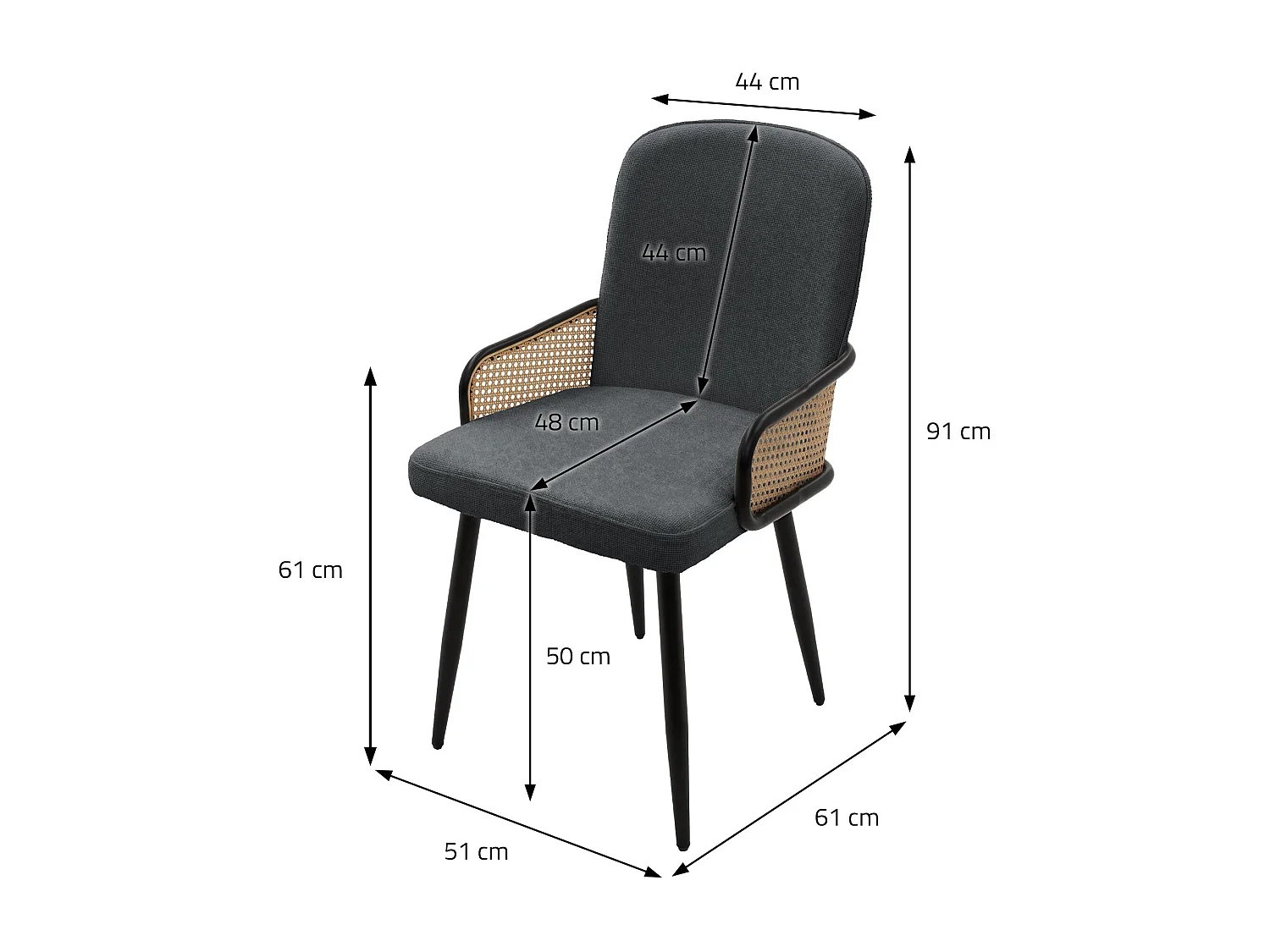 ML-Design Set 2 sedie imbottite da pranzo antracite, in tessuto, con braccioli effetto rattan, sedia da cucina, sedia ergonomica da soggiorno