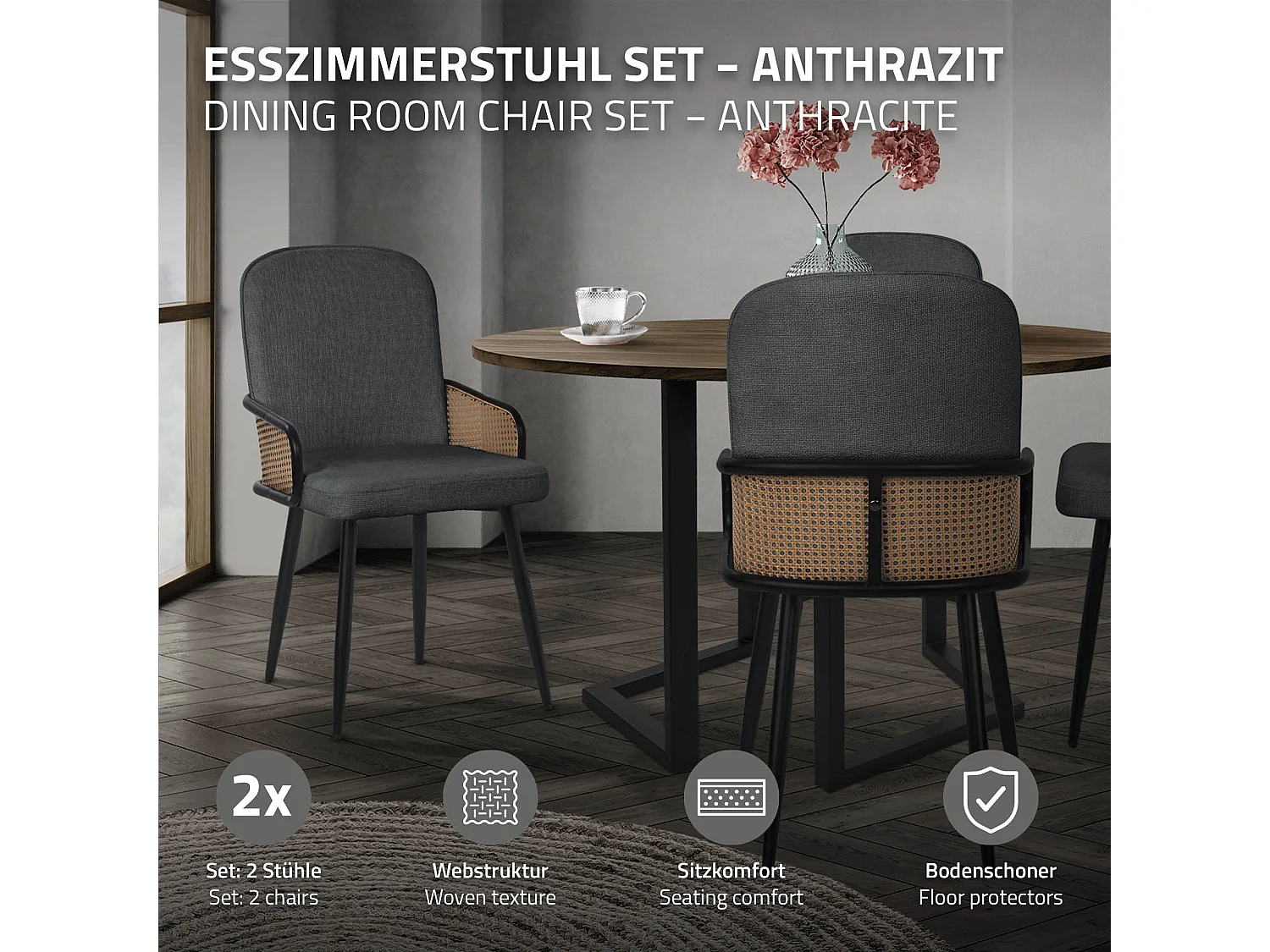 ML-Design 2x Sillas de comedor con funda de tela antracita, asiento con respaldo, reposabrazos con aspecto de ratán sillón ergonómico de cocina