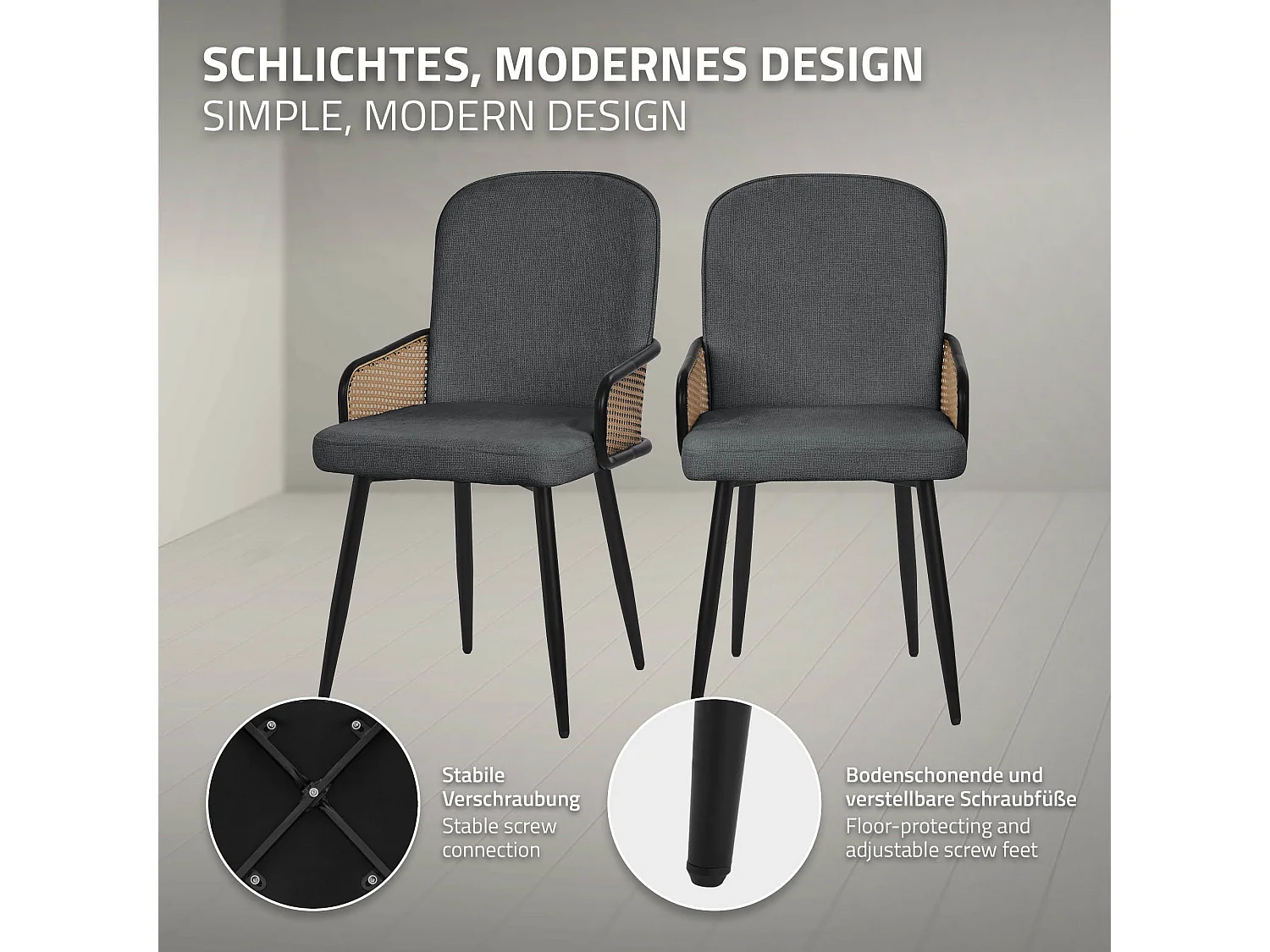 ML-Design 2x Sillas de comedor con funda de tela antracita, asiento con respaldo, reposabrazos con aspecto de ratán sillón ergonómico de cocina