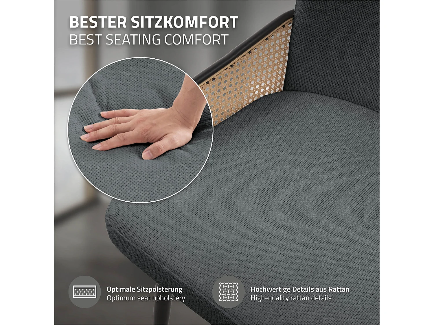 ML-Design 2x Sillas de comedor con funda de tela antracita, asiento con respaldo, reposabrazos con aspecto de ratán sillón ergonómico de cocina