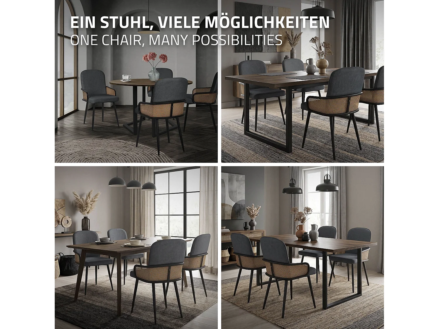 ML-Design 2x Sillas de comedor con funda de tela antracita, asiento con respaldo, reposabrazos con aspecto de ratán sillón ergonómico de cocina
