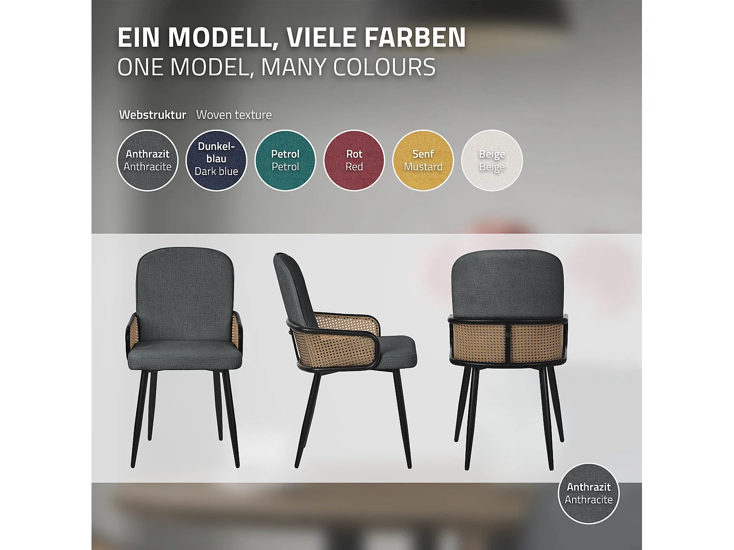 ML-Design 2x Sillas de comedor con funda de tela antracita, asiento con respaldo, reposabrazos con aspecto de ratán sillón ergonómico de cocina
