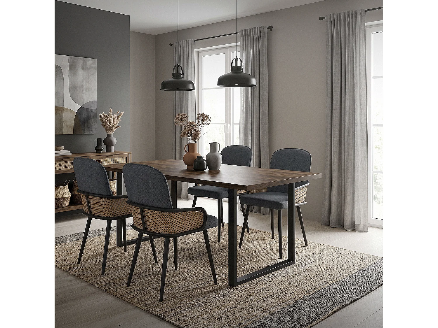 ML-Design 2x Sillas de comedor con funda de tela antracita, asiento con respaldo, reposabrazos con aspecto de ratán sillón ergonómico de cocina