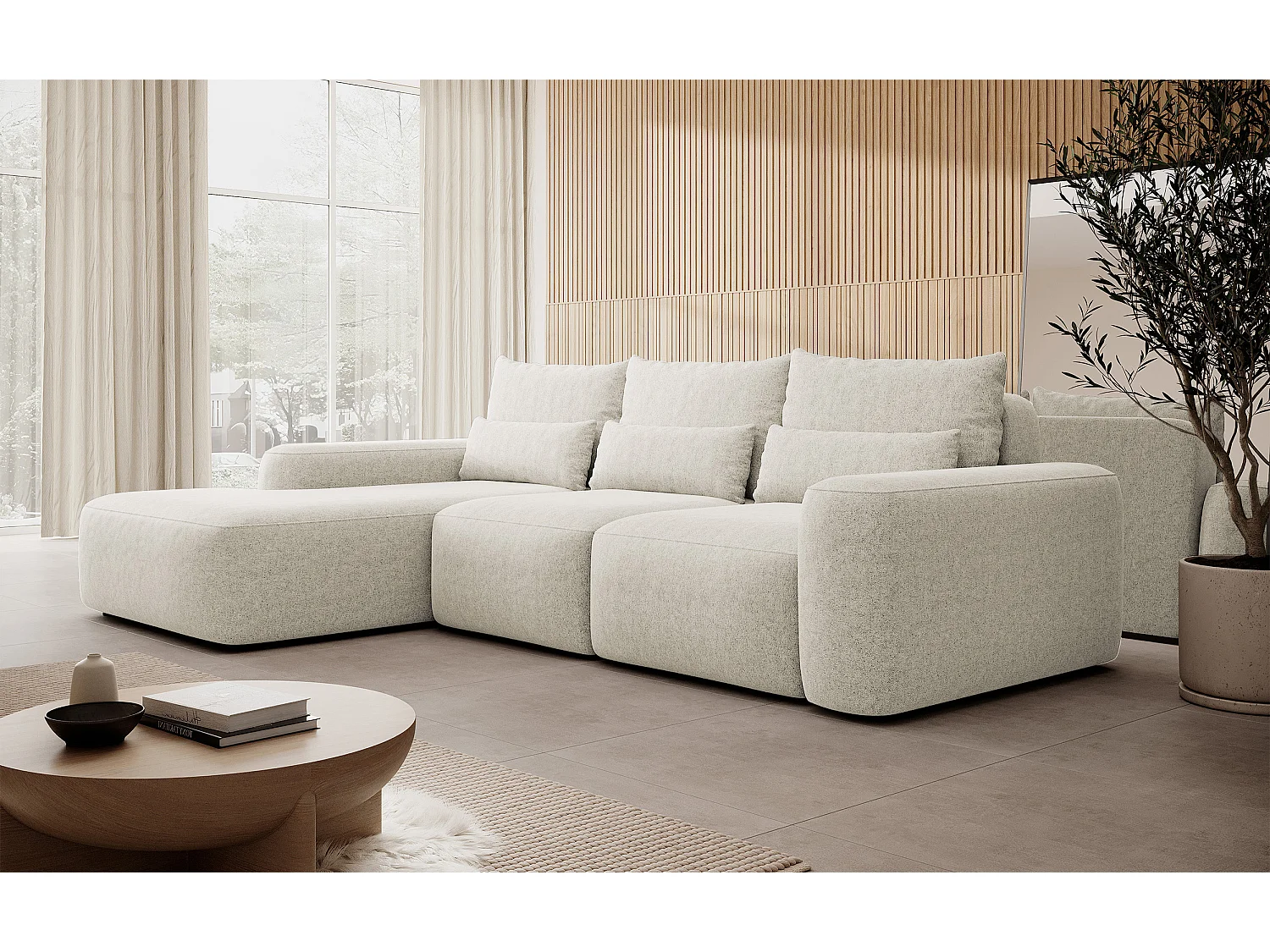 Canapé d’angle en chenille – convertible avec coffre de rangement – crème – angle gauche – CARNOS