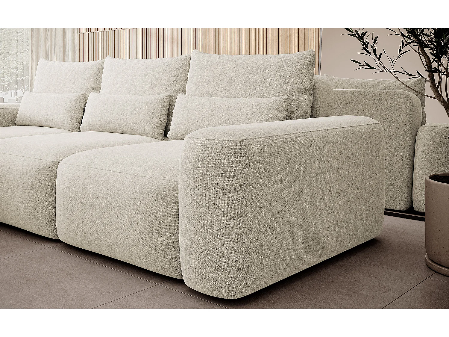 Canapé d’angle en chenille – convertible avec coffre de rangement – crème – angle gauche – CARNOS