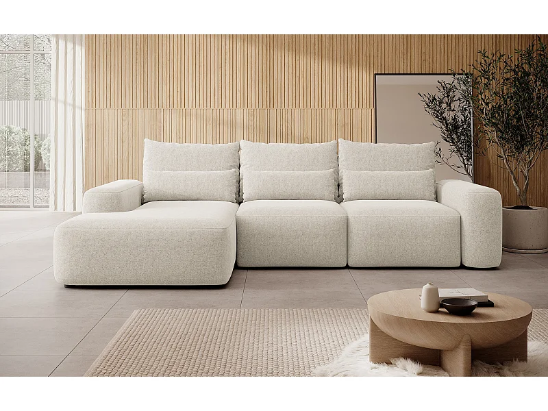 Canapé d’angle en chenille – convertible avec coffre de rangement – crème – angle gauche – CARNOS