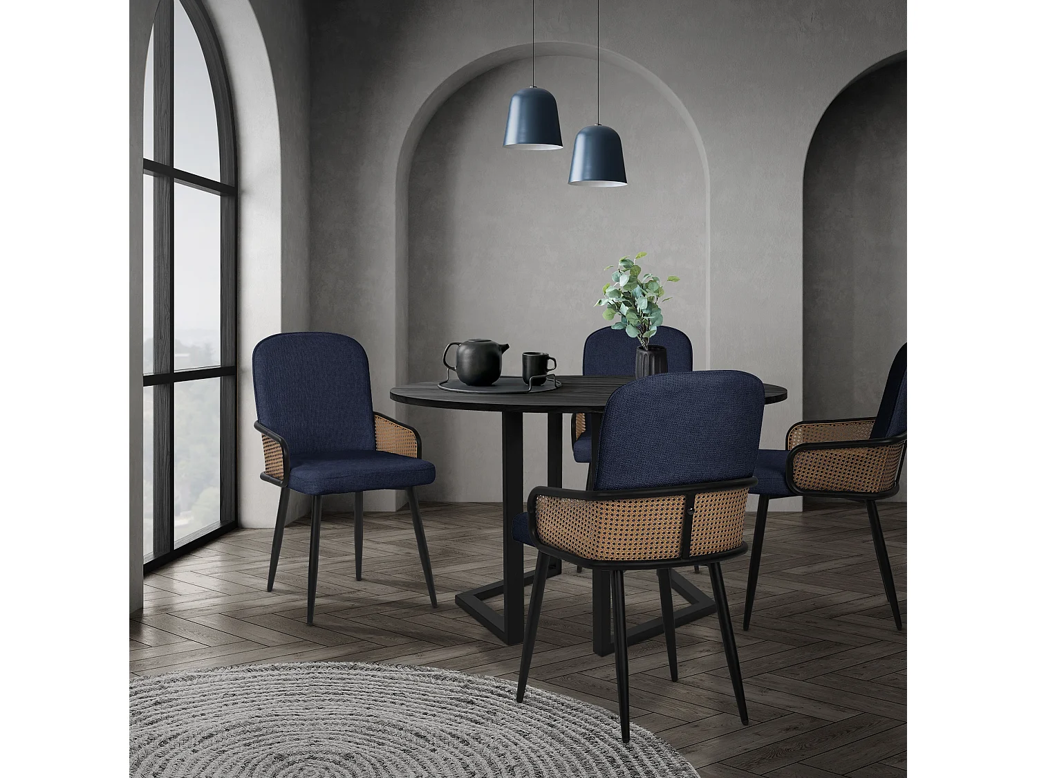 ML-Design Set di 6 sedie imbottite da pranzo blu scuro, in tessuto, con braccioli effetto rattan, sedia da cucina, poltroncina ergonomica da soggiorno
