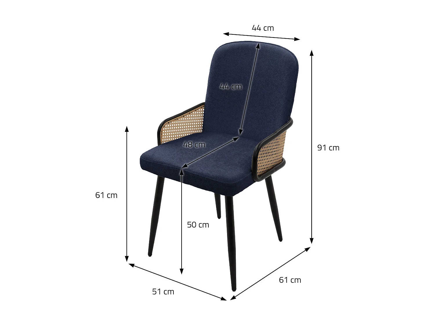 ML-Design Set di 6 sedie imbottite da pranzo blu scuro, in tessuto, con braccioli effetto rattan, sedia da cucina, poltroncina ergonomica da soggiorno