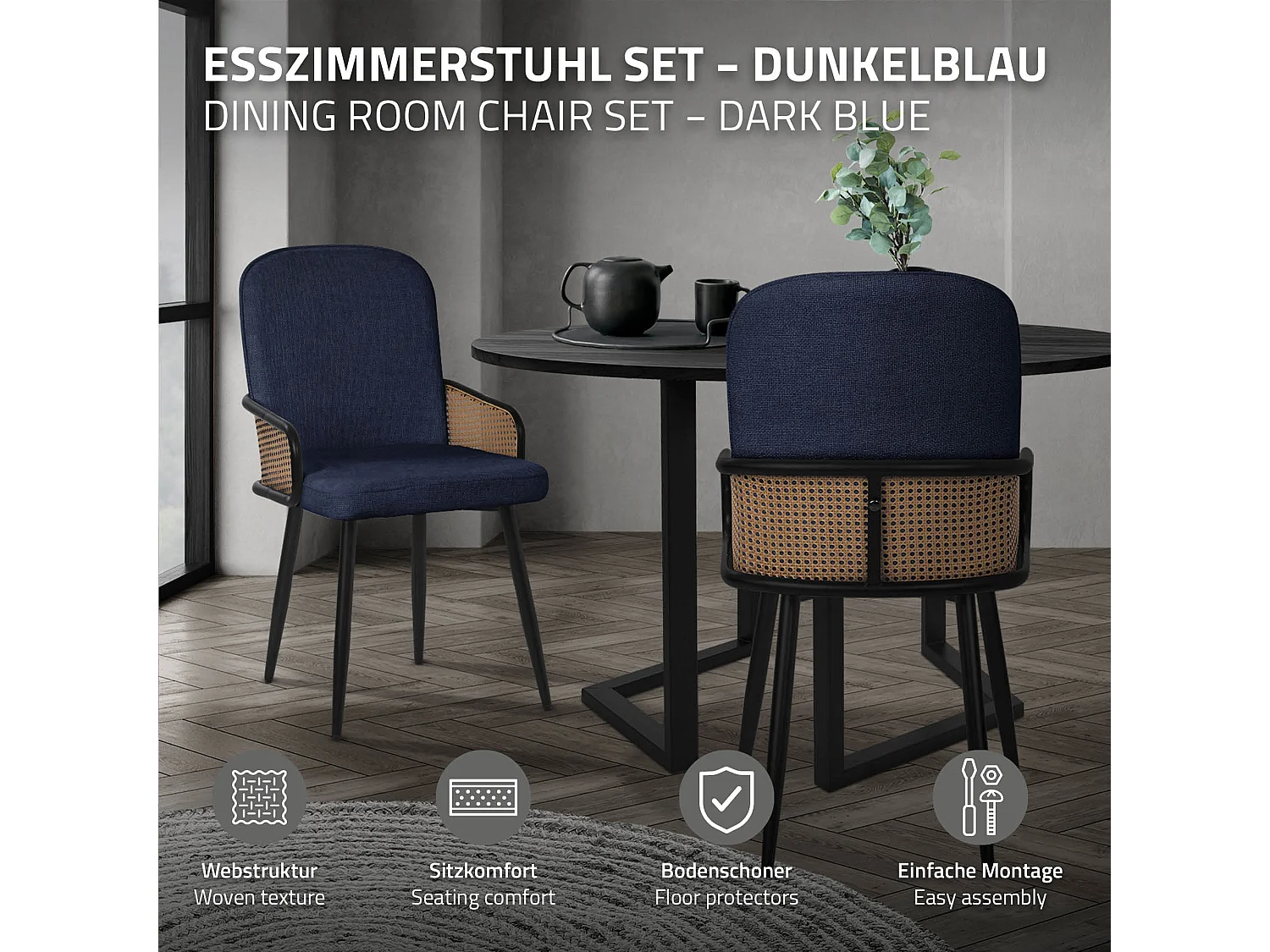 ML-Design 6x Sillas de comedor con funda de tela azul oscuro, asiento con respaldo, reposabrazos con aspecto de ratán sillón ergonómico de cocina
