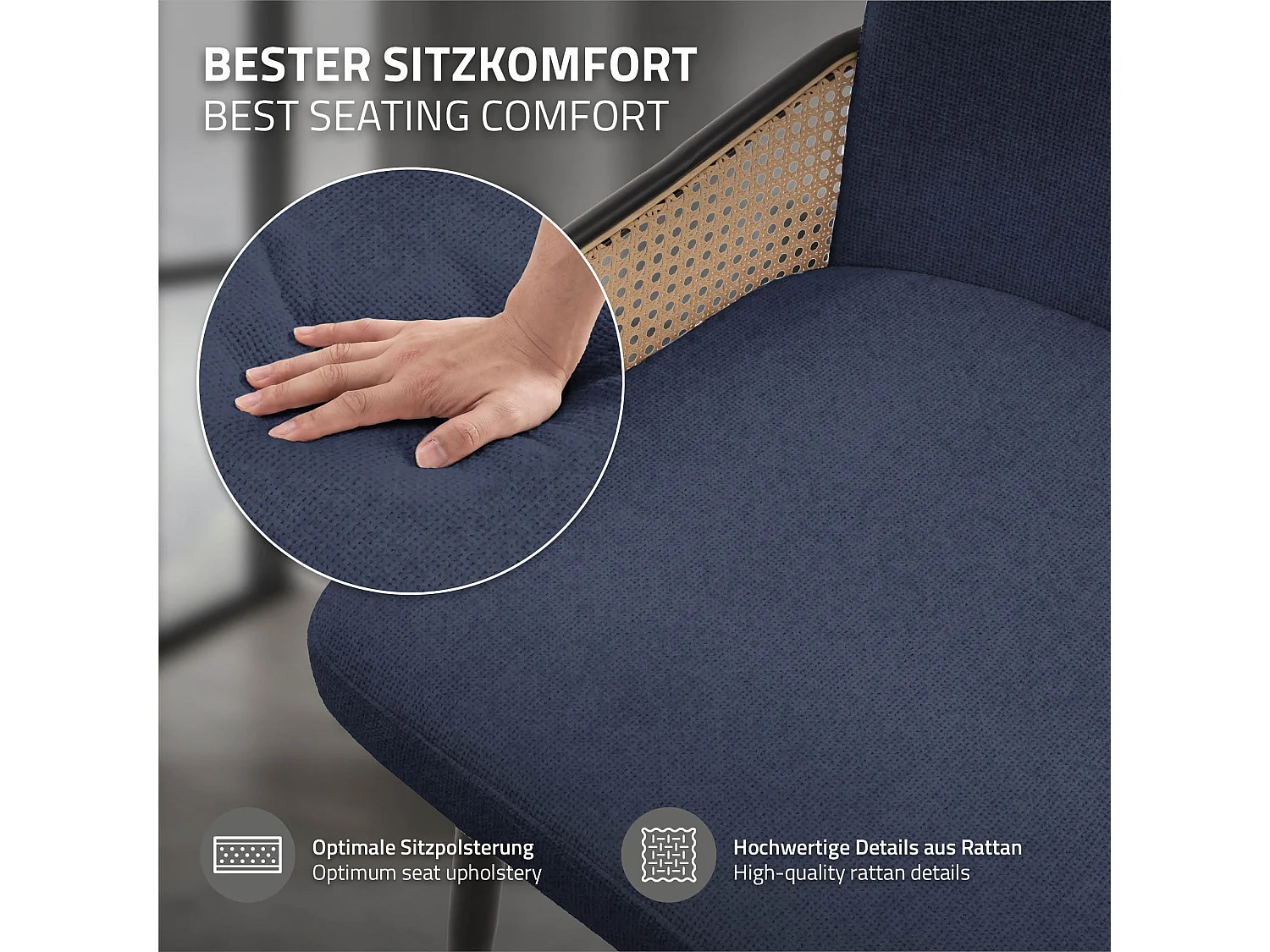 ML-Design 6x Sillas de comedor con funda de tela azul oscuro, asiento con respaldo, reposabrazos con aspecto de ratán sillón ergonómico de cocina