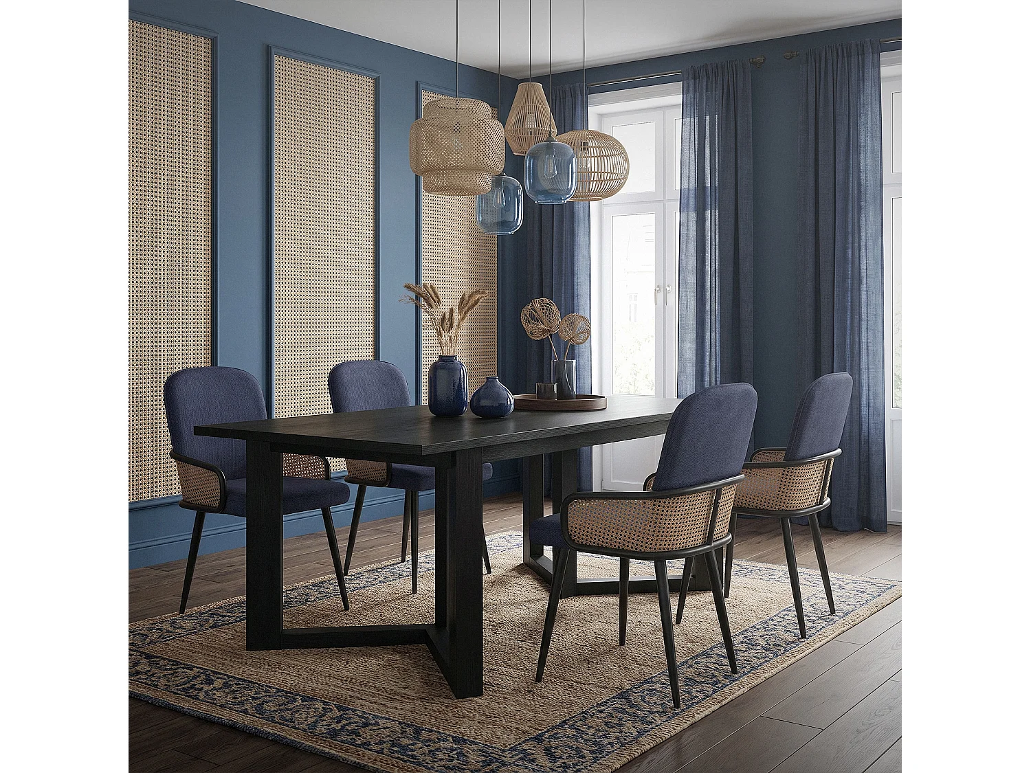 ML-Design 6x Sillas de comedor con funda de tela azul oscuro, asiento con respaldo, reposabrazos con aspecto de ratán sillón ergonómico de cocina