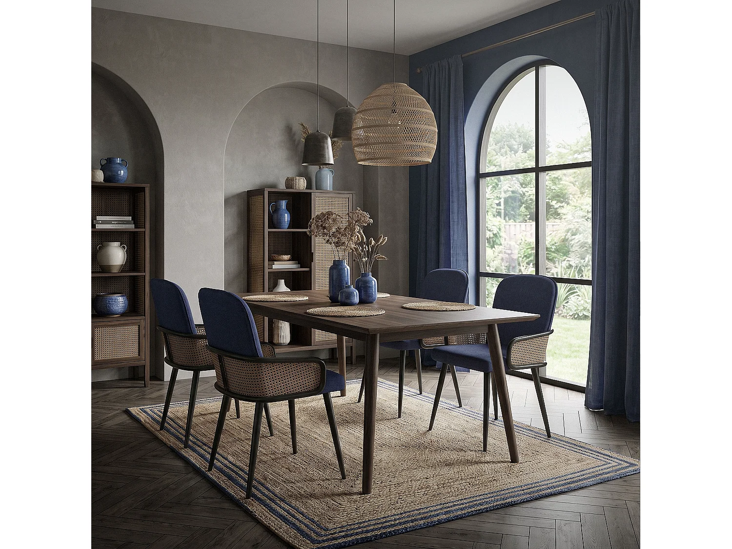 ML-Design 6x Sillas de comedor con funda de tela azul oscuro, asiento con respaldo, reposabrazos con aspecto de ratán sillón ergonómico de cocina