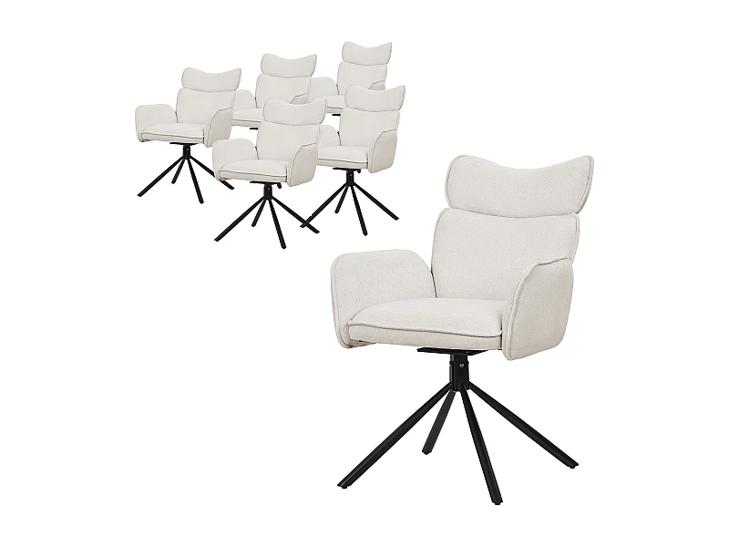 Lot de 6 chaises pivotantes en tissu beige avec accoudoirs et dossier ergonomique fauteuils à rotation 360° pieds en métal noir sièges salle à manger