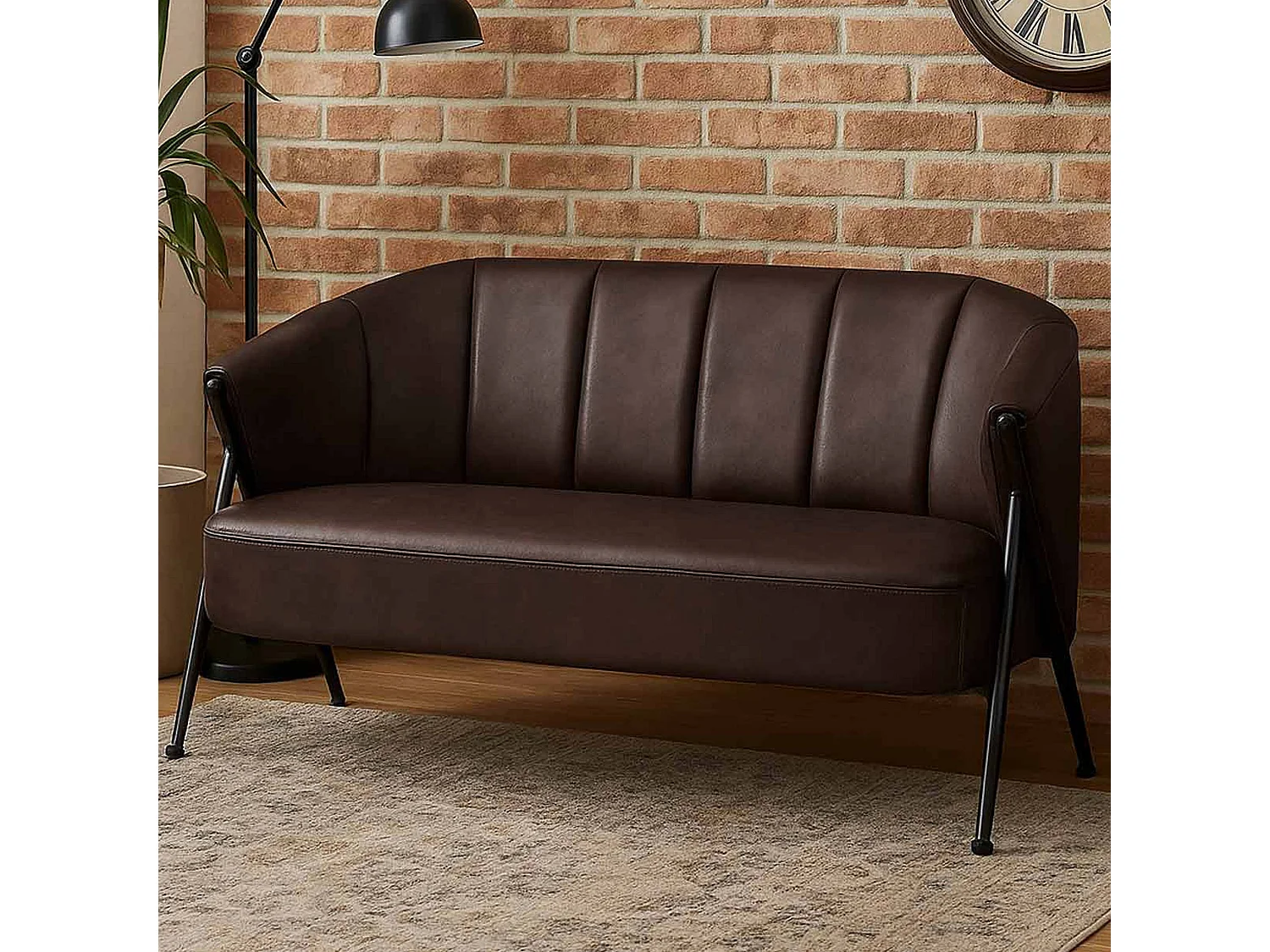 Divano a 2 posti MCW-P30, sofà elegante imbottito/lounge Couch Vintage Retro Industrial Metallo ecopelle ~ marrone scuro